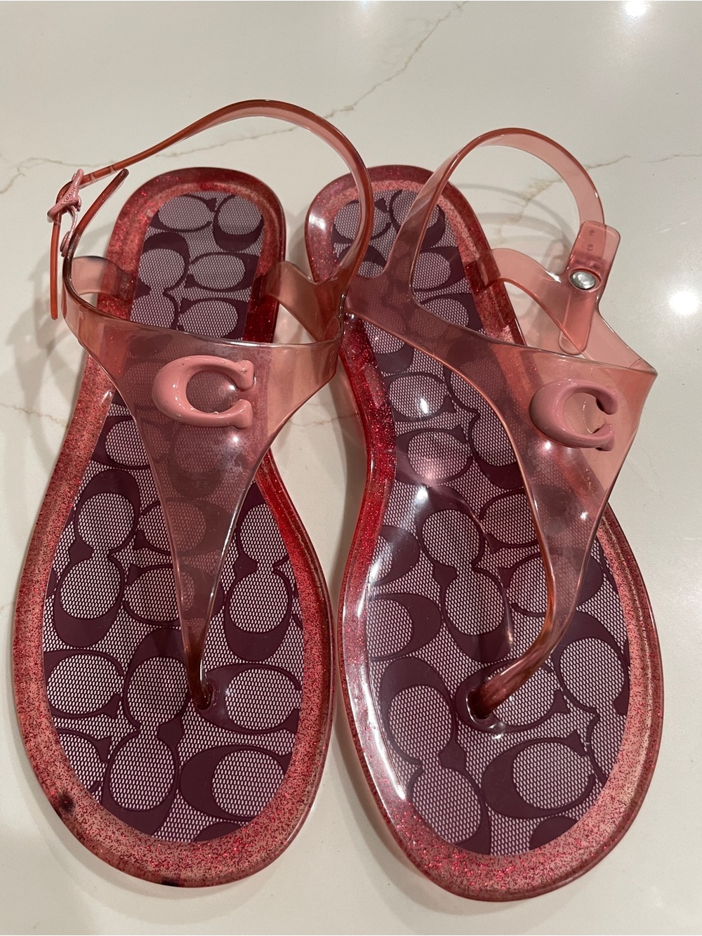 Coach Translucent Pink Jelly Thong Sandals with Signature Logo Insole